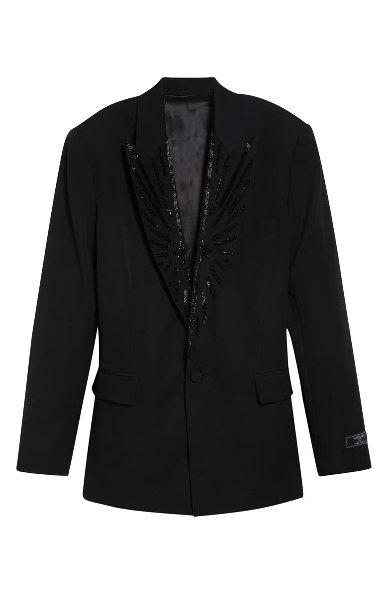 Balmain Crystal Beaded Wool Grain de Poudre Jacket, Main, color, Eap Black/ Black
