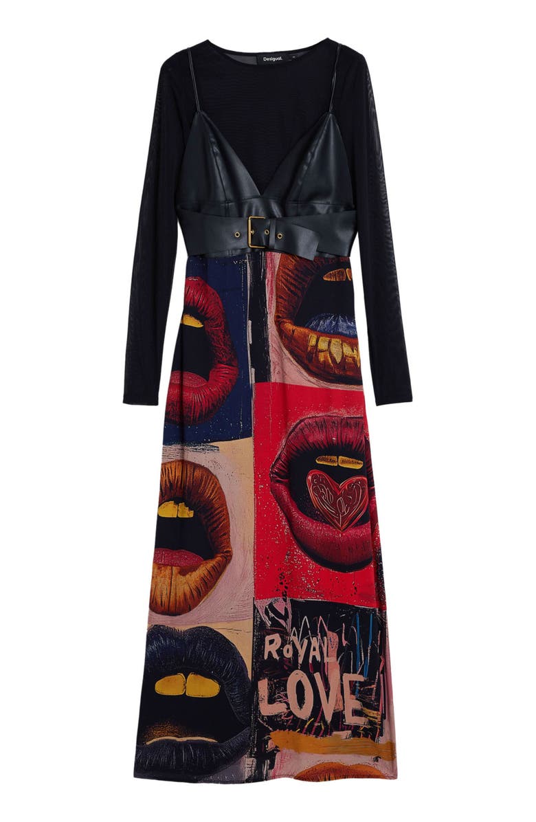 Desigual Long Sleeve Mixed Media Faux Leather Bodice Dress, Alternate, color, Black