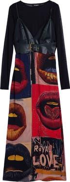 Desigual Long Sleeve Mixed Media Faux Leather Bodice Dress