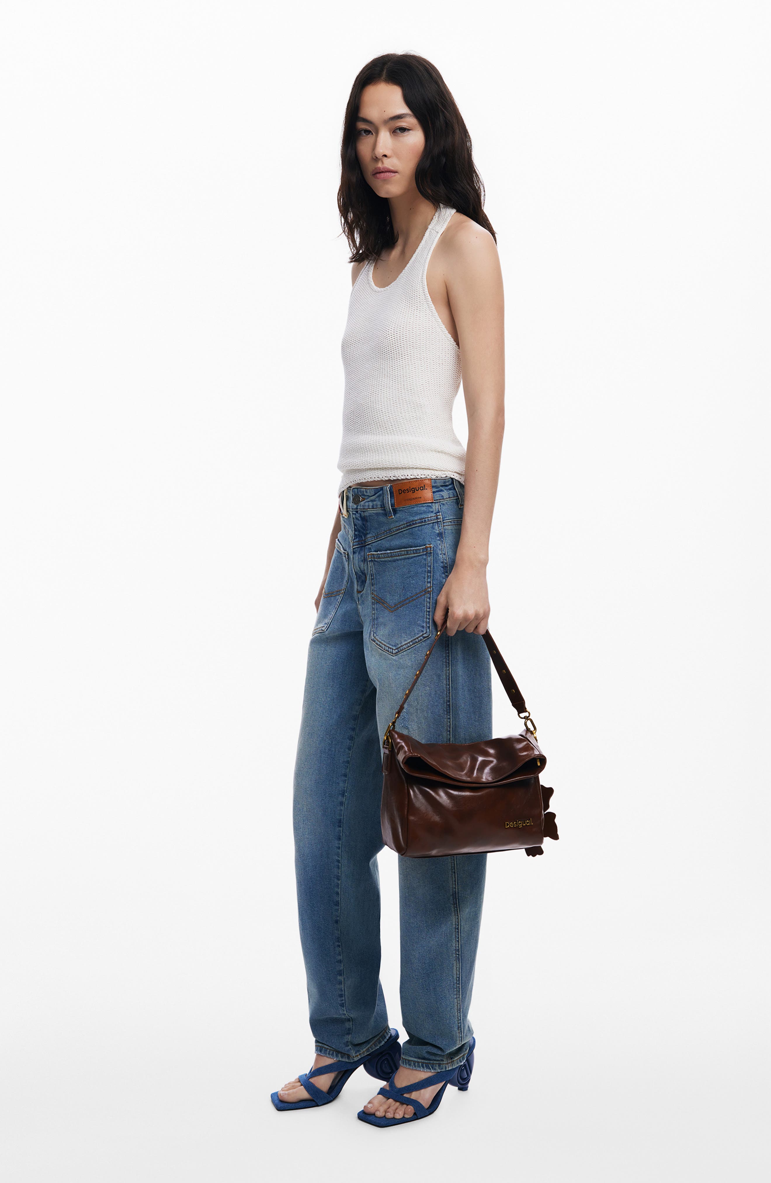 Desigual Faux Leather Flower Accent Shoulder Bag, Alternate, color, Brown