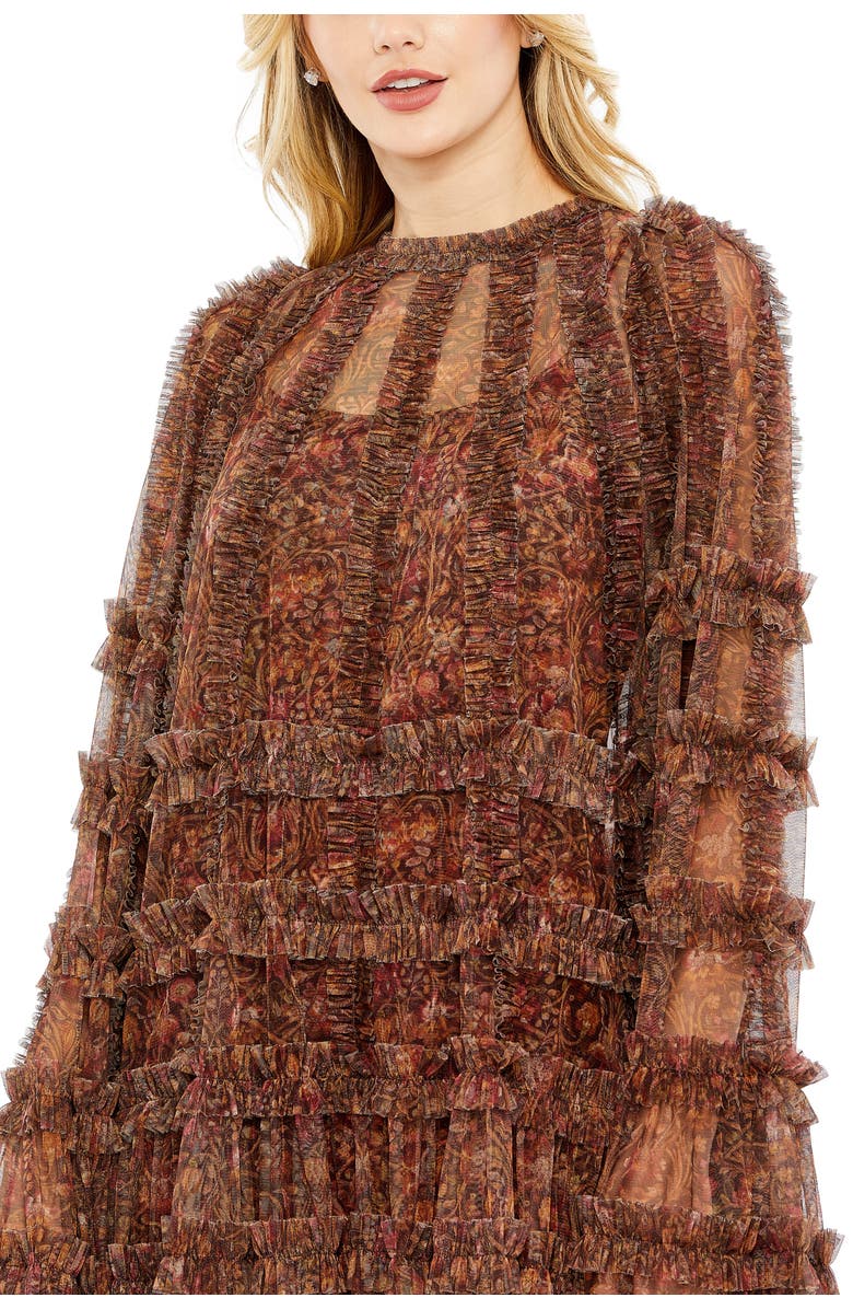 Mac Duggal Floral Print Long Flare Sleeve Mesh A-Line Dress, Alternate, color, Brown Multi