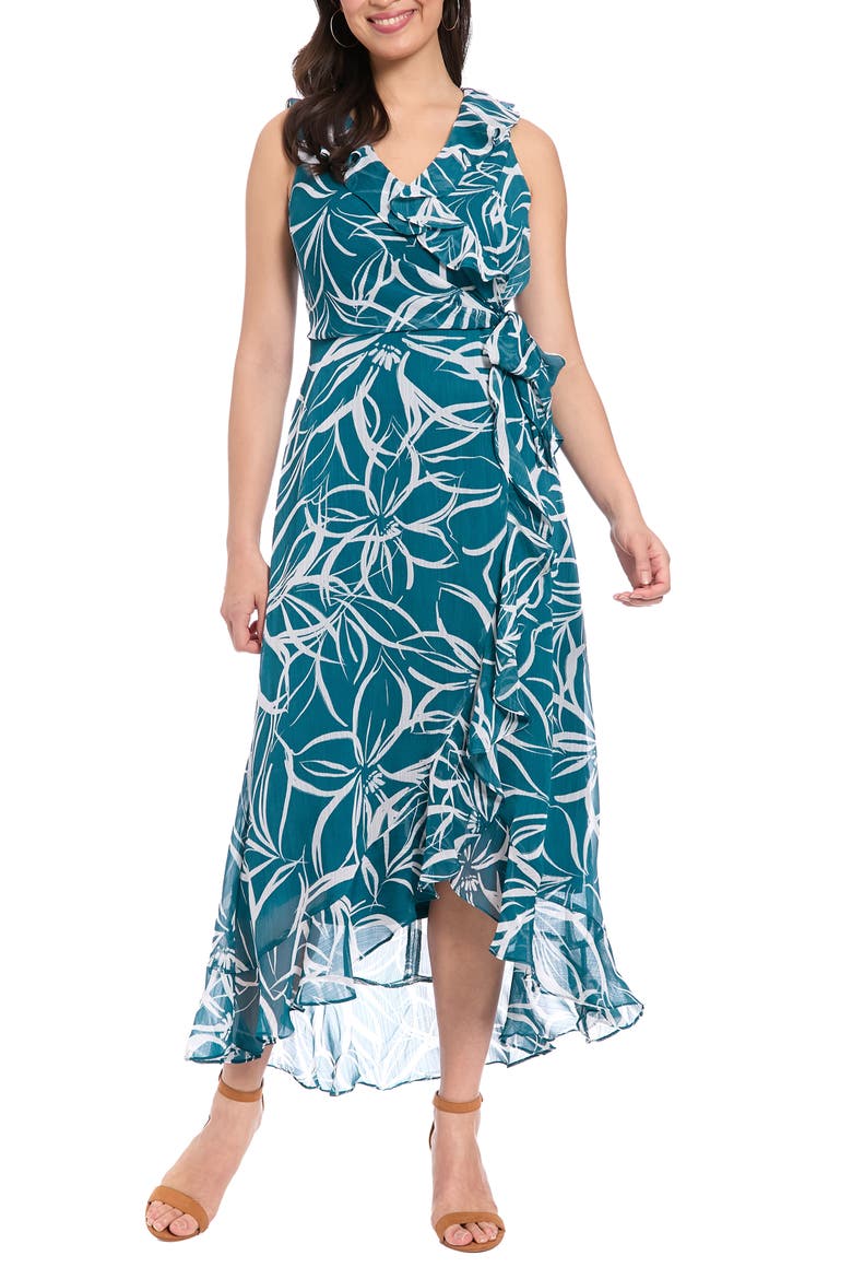Ruffle Sleeveless Faux Wrap Dress, Main, color, DARK TEAL/ WHITE