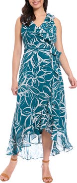 London Times Ruffle Sleeveless Faux Wrap Dress