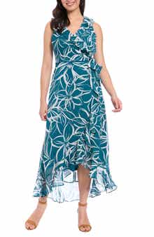 London Times Ruffle Sleeveless Faux Wrap Dress