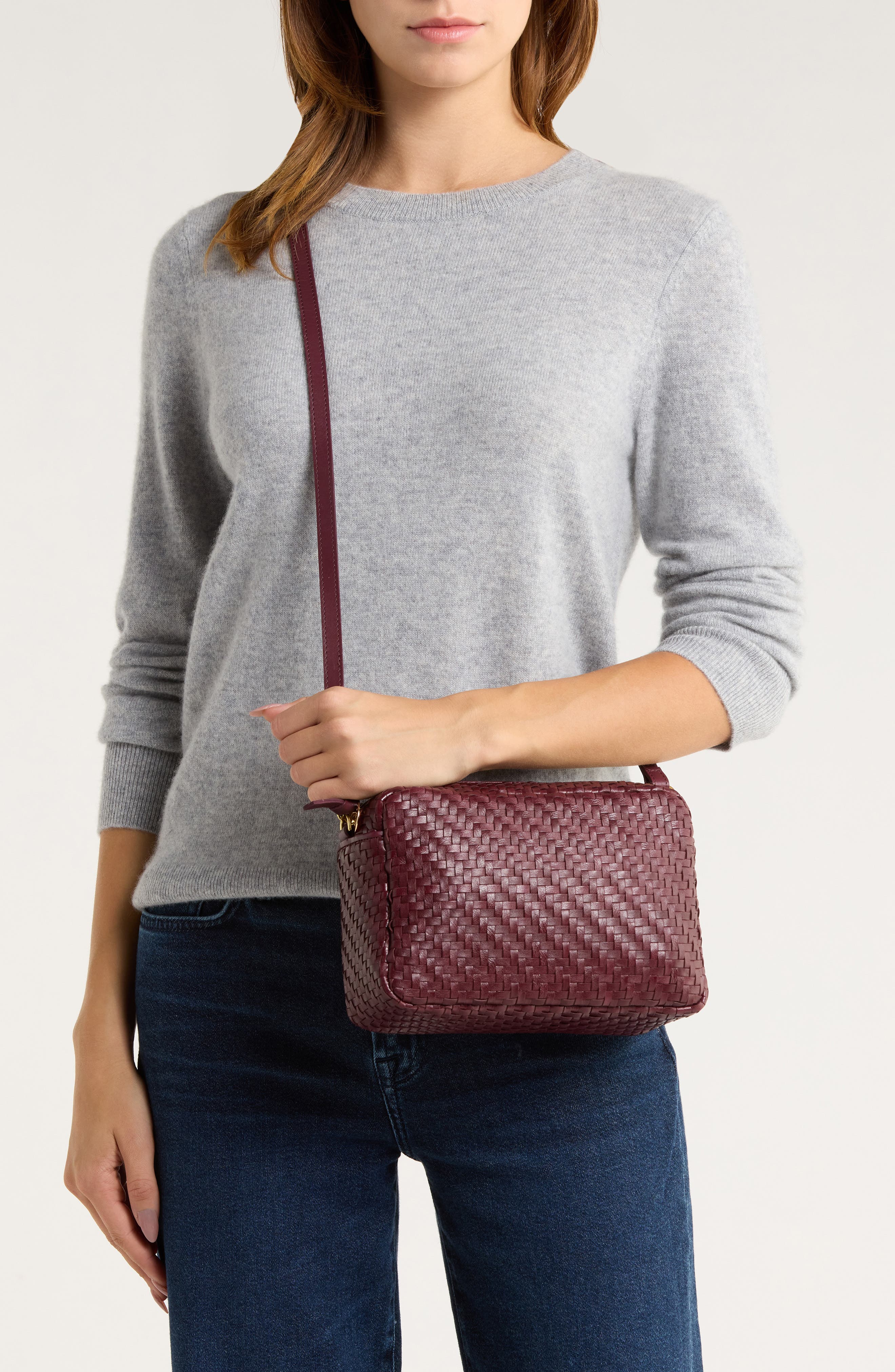 Clare V. Marisol Woven Leather Crossbody Bag, Alternate, color, Cassis
