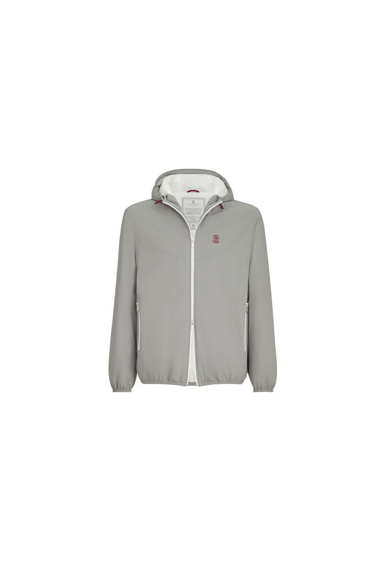 Brunello Cucinelli Bonded nylon hooded outerwear jacket with Thermore<sup>®</sup> padding and logo, Alternate, color, Grey