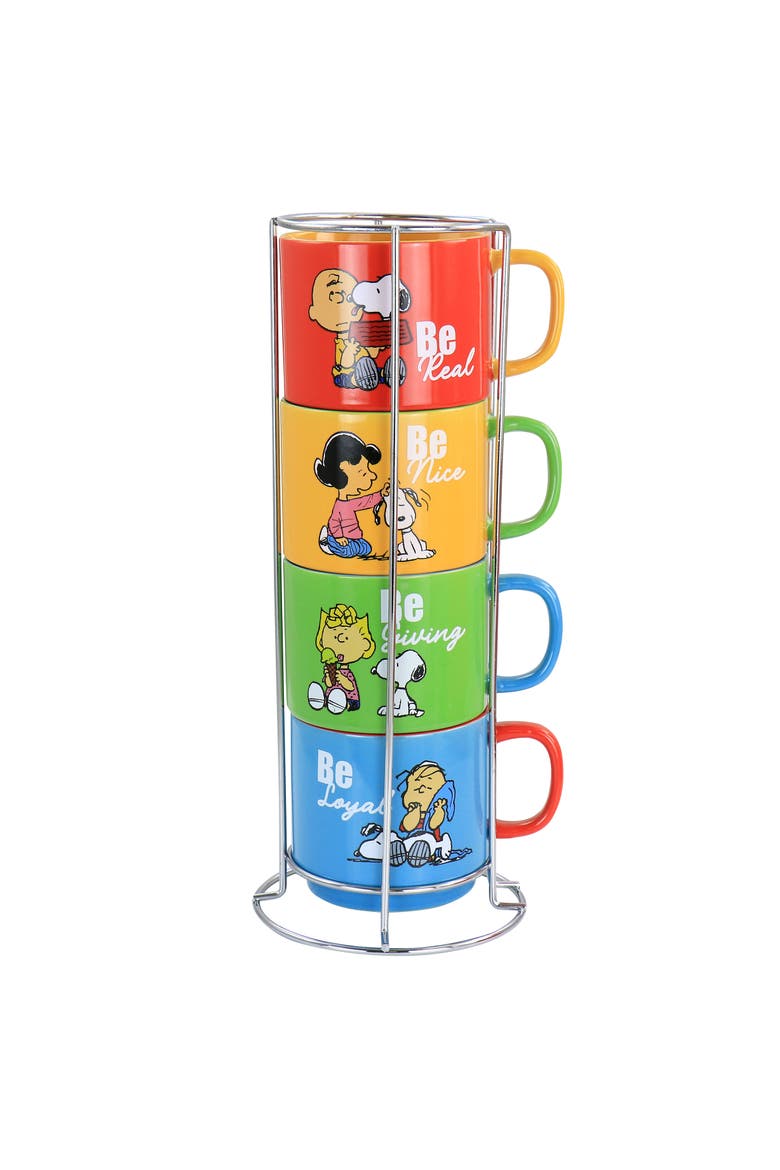 4 Piece Stoneware Stackable Mug Set with Metal Stand, Main, color, Blue