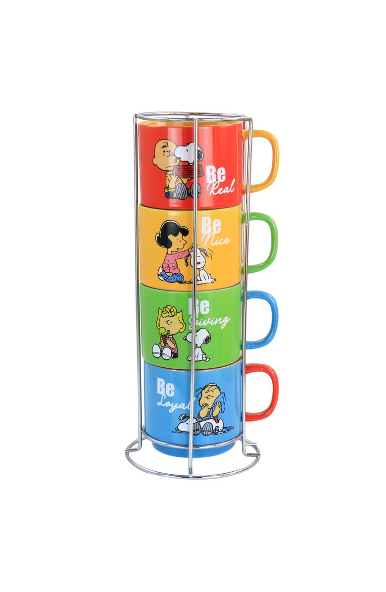 Gibson Classic Gentle Reminders Collection 4 Piece Stoneware Stackable Mug Set with Metal Stand, Main, color, Blue