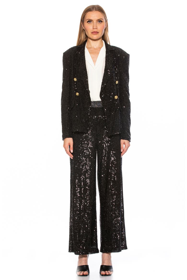 Abbi Longline Double Breasted Sequin Blazer, Alternate, color, BLACK