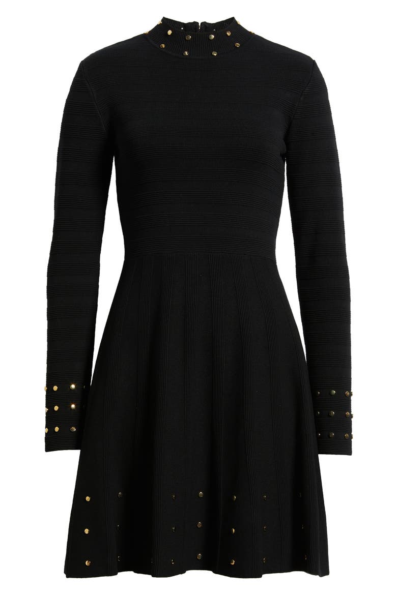 Metallic Rivet Detail Long Sleeve Fit & Flare Ottoman Knit Dress, Alternate, color, BLACK