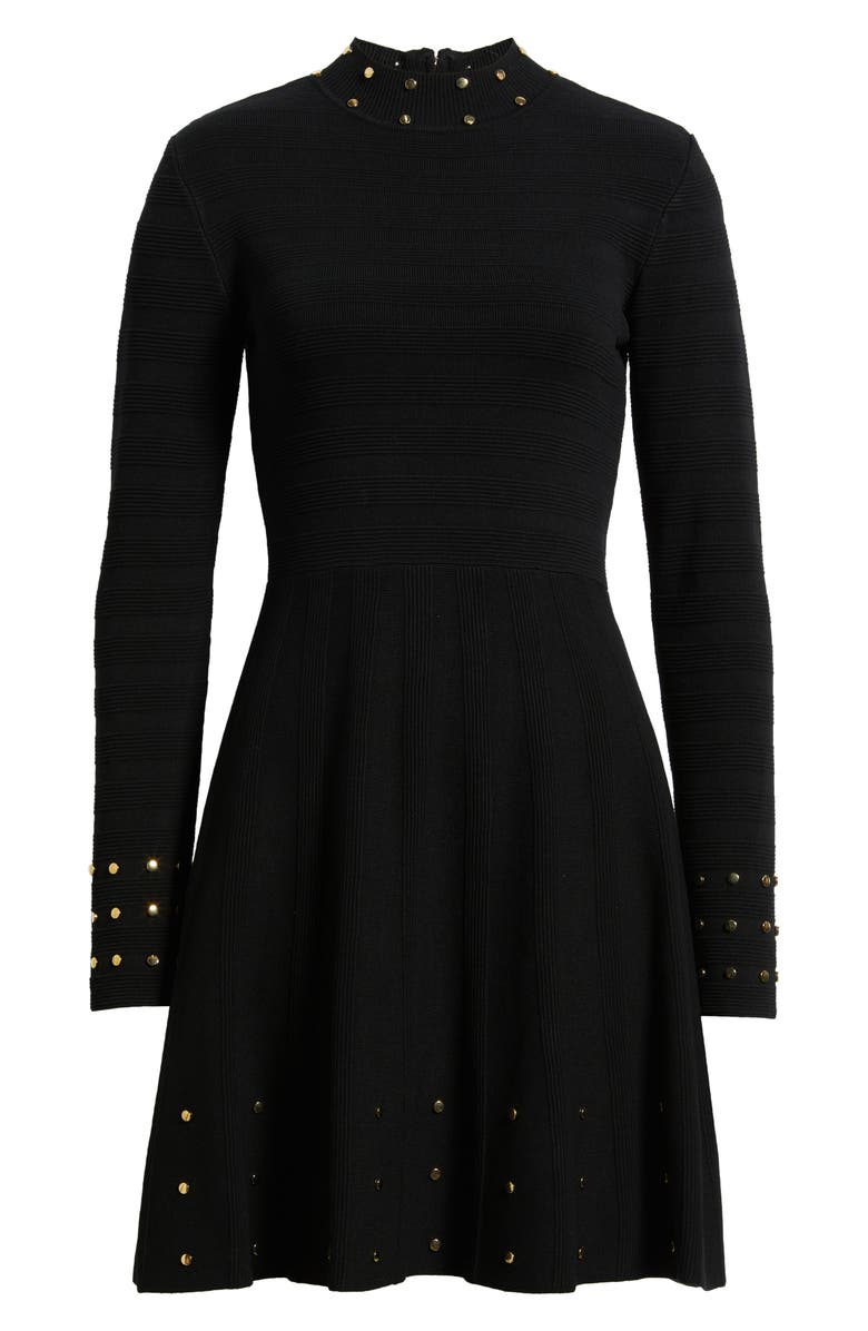 Vince Camuto Metallic Rivet Detail Long Sleeve Fit & Flare Ottoman Knit Dress, Alternate, color,