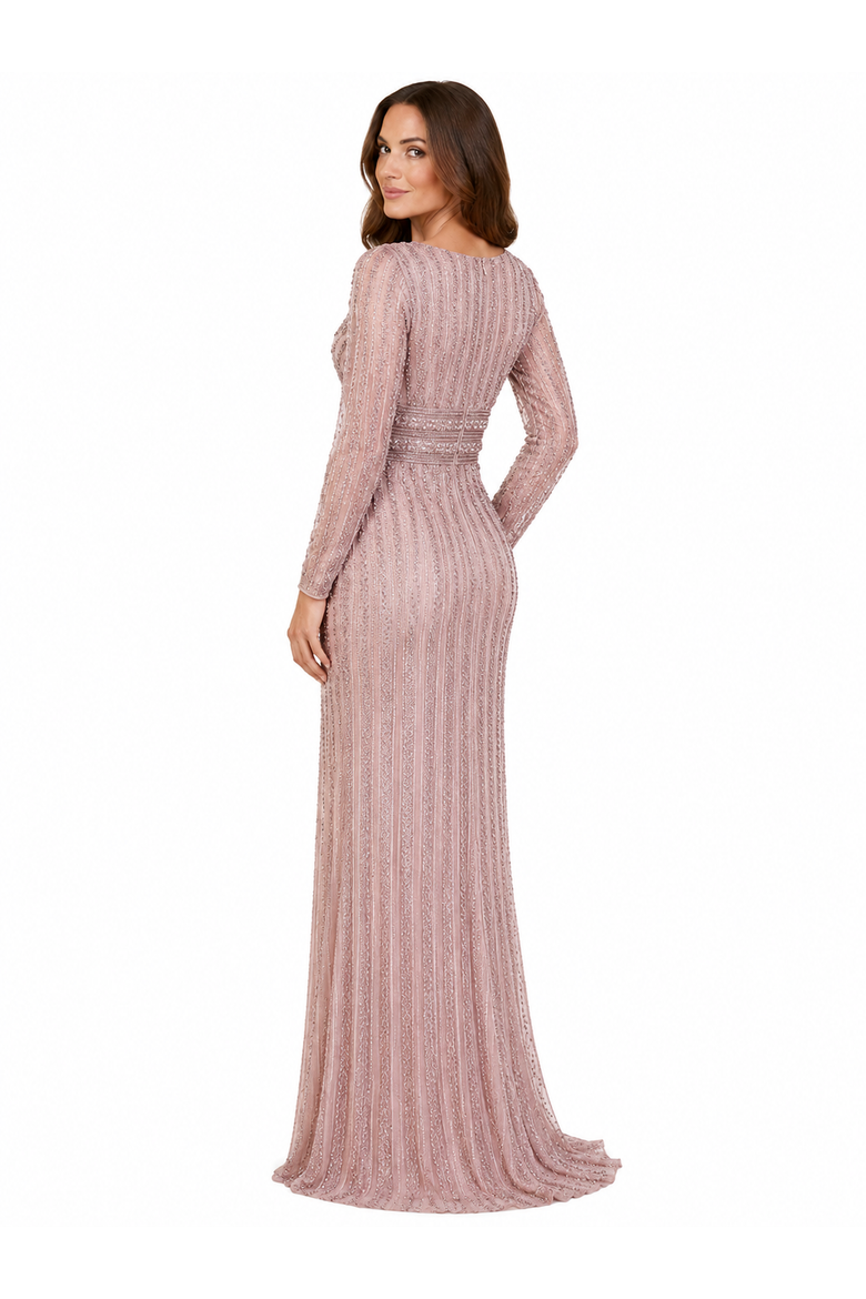 Long Sleeve V-Neck Beaded Gown, Alternate, color, Dusty Rose