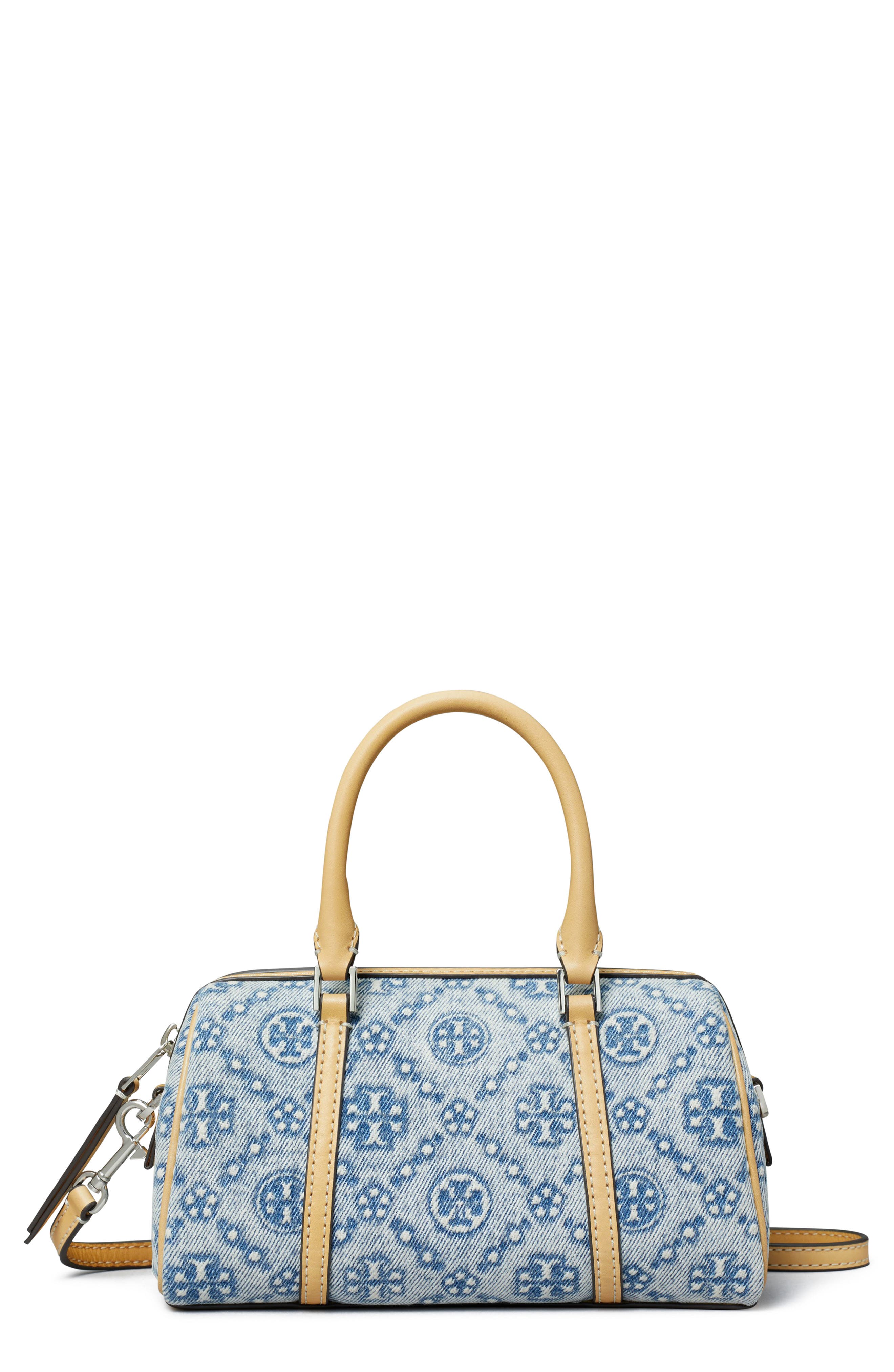 Tory Burch Mini T Monogram Denim Barrel Bag, Main, color, Powder Blue