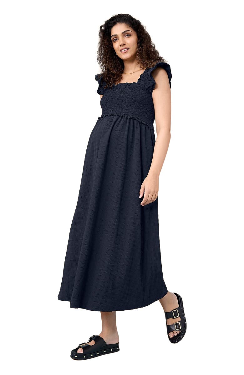 MOTHERHOOD MATERNITY Sleeveless Ruffle Shoulder Smocked Maxi Dress, Main, color, Black