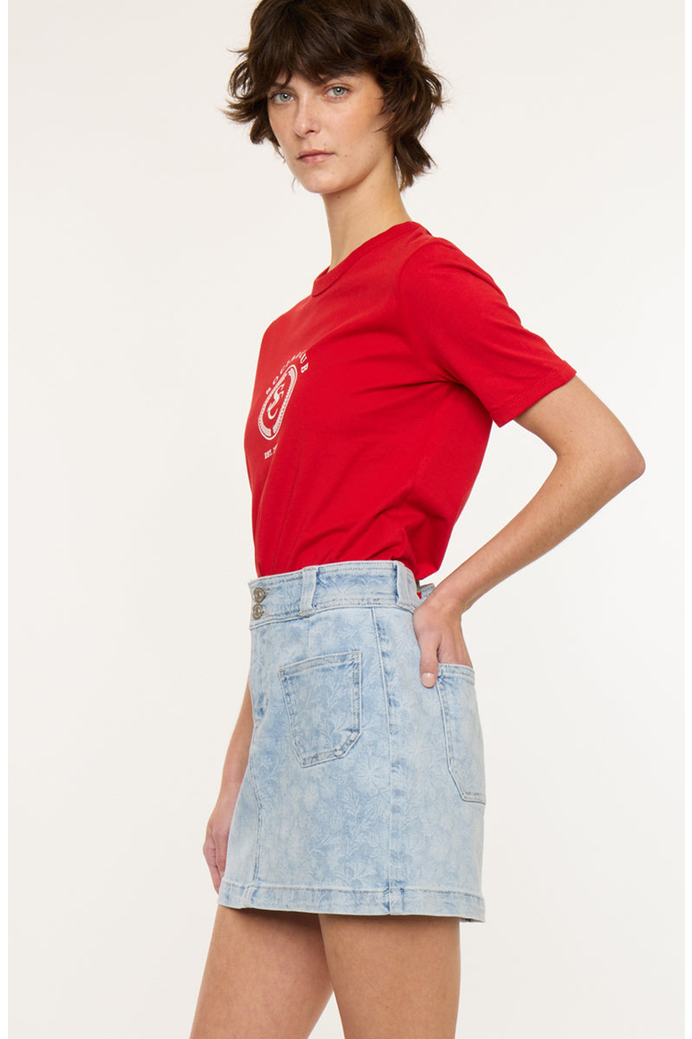 Aria Mid Rise Floral Print Denim Mini Skir, Alternate, color, Light Wash