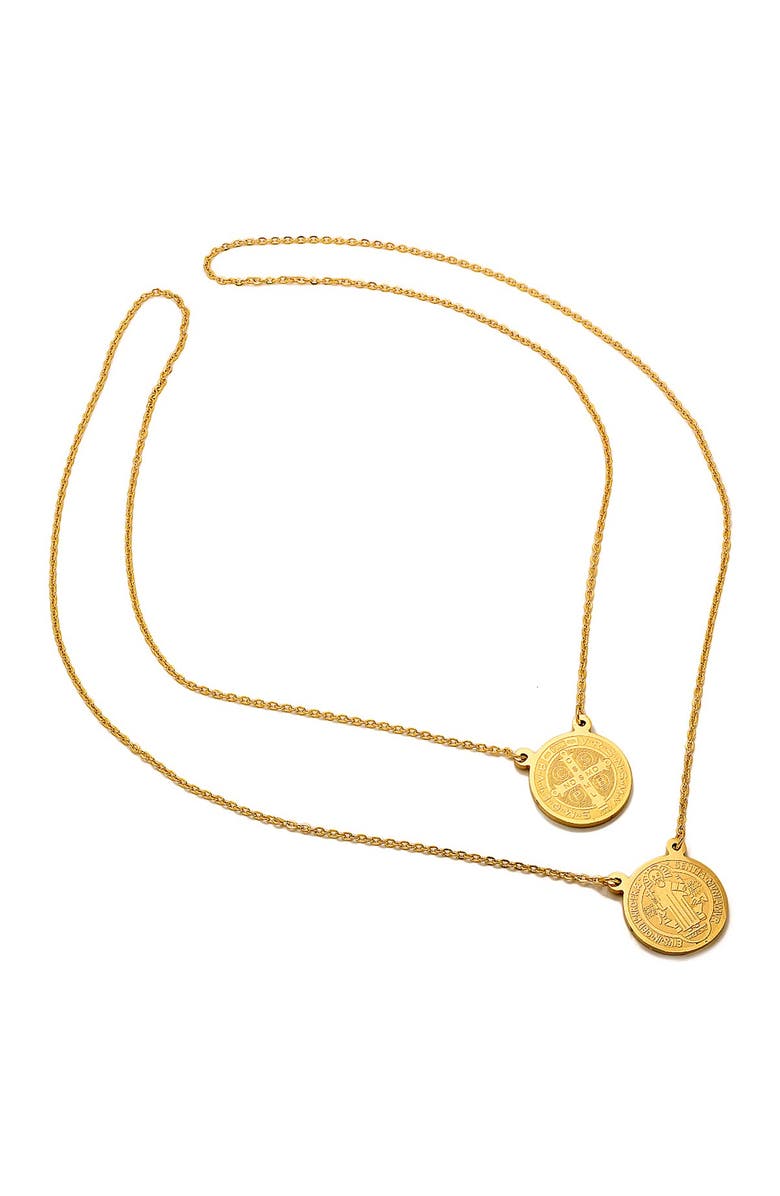 HMY JEWELRY 18K Gold Plated Stainless Steel Double Coin Pendant Necklace, Alternate, color, Yellow