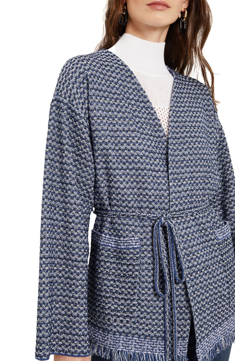 Misook Fringe Tie Waist Cardigan, Alternate, color, Oceanic/White/Black
