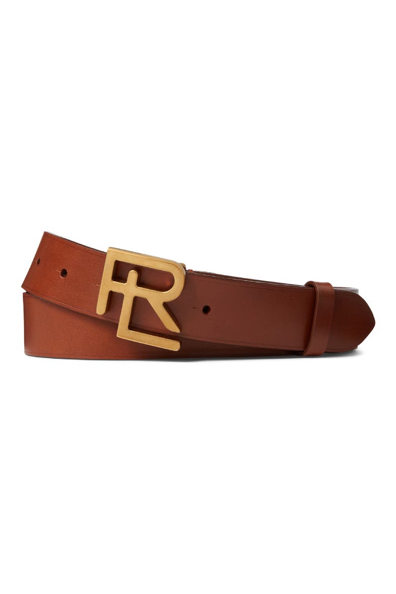 RL Logo Buckle Leather Belt, Main, color, TAN