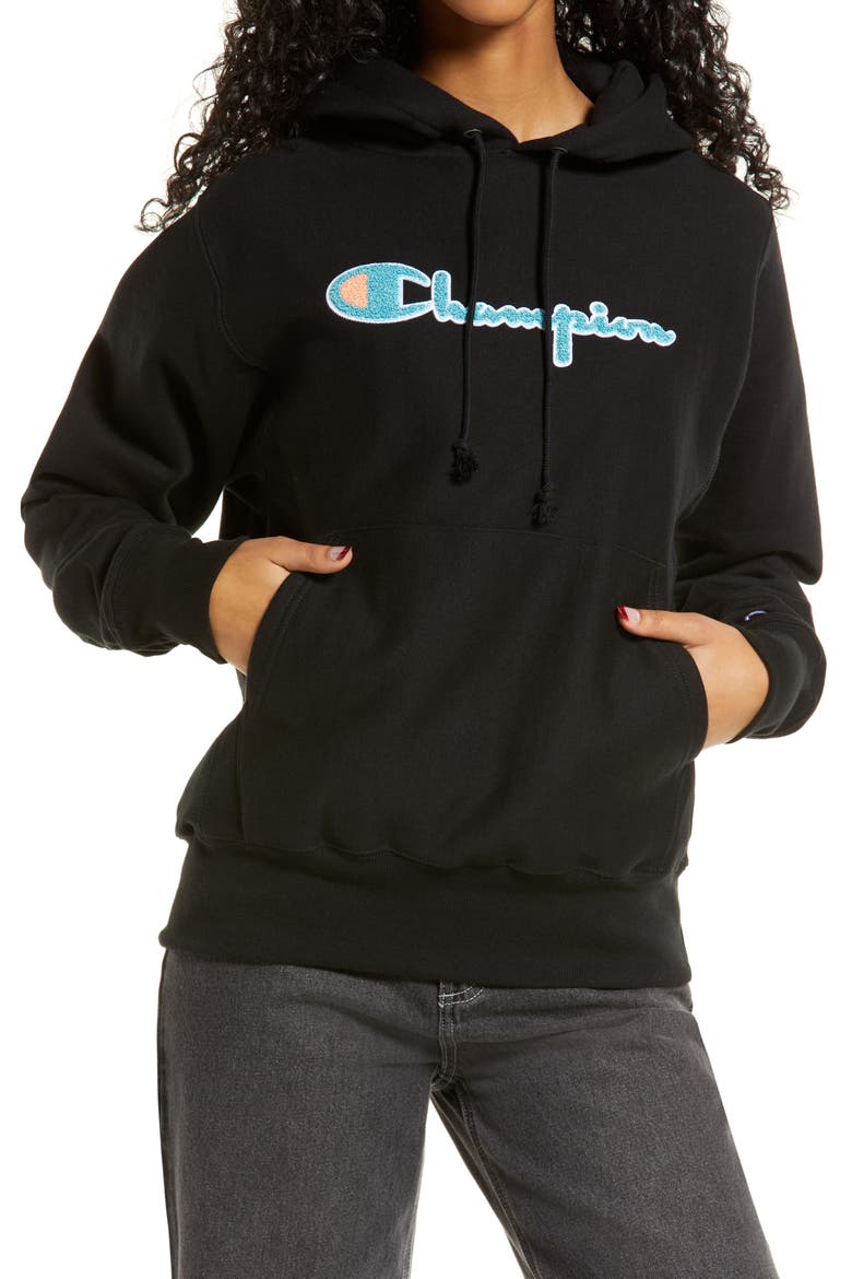 Boyfriend Logo Reverse Weave® Cotton Blend Fleece Hoodie, Main, color, BLACK