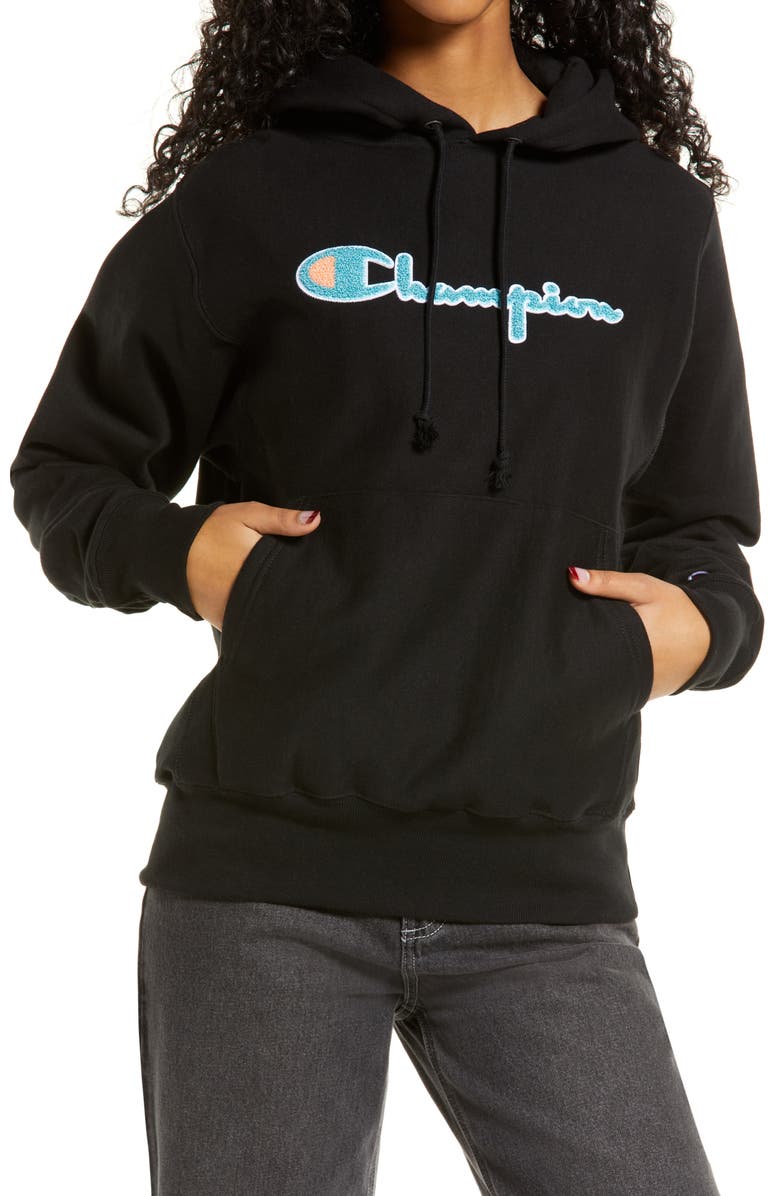 Champion Boyfriend Logo Reverse Weave<sup>®</sup> Cotton Blend Fleece Hoodie, Main, color,