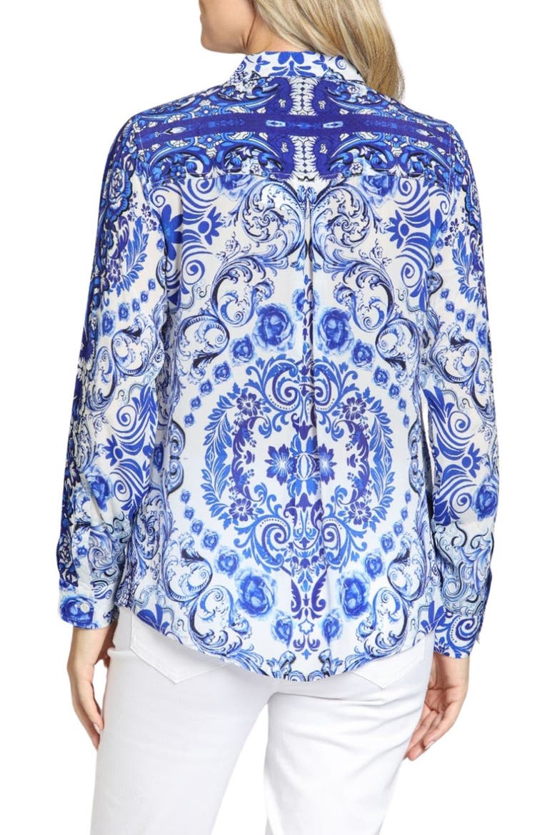 Damask Print Roll Tab Sleeve Button-Up Shirt, Alternate, color, BLUE/ WHITE