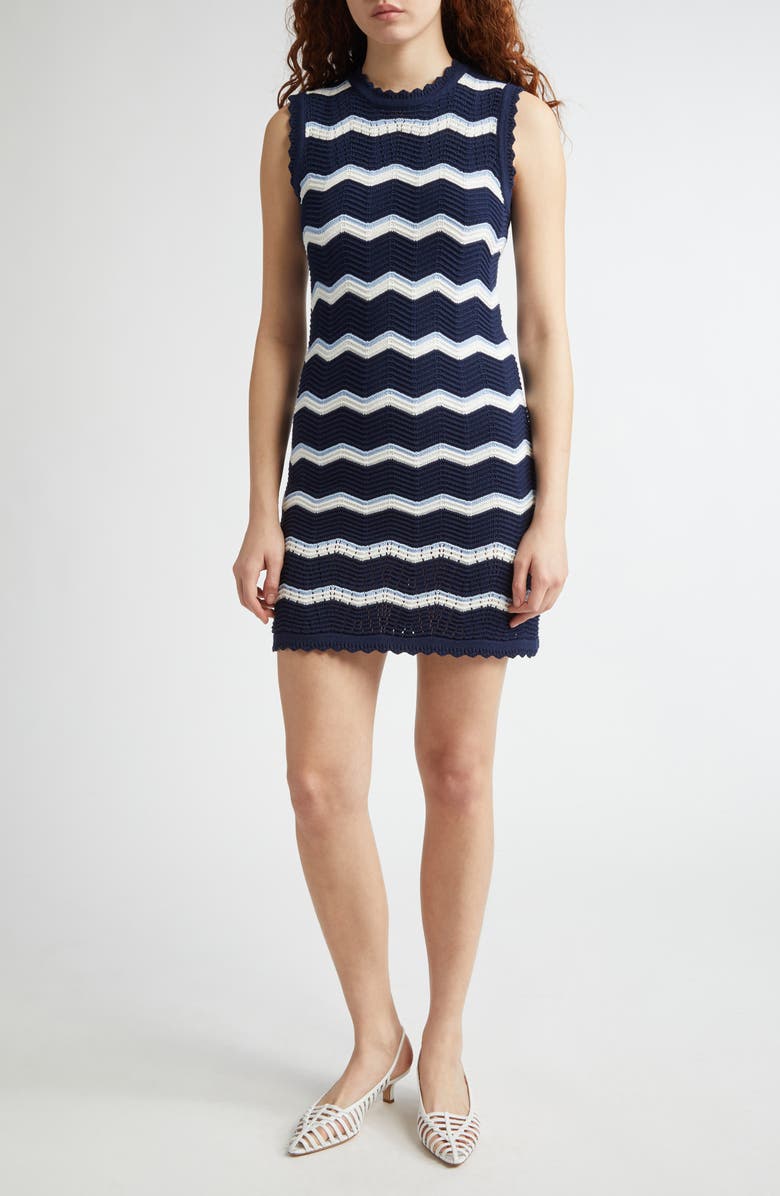 Veronica Beard Templeton Chevron Stripe Sleeveless Cotton Blend Sweater Dress, Main, color, Navy Off White Bluebell
