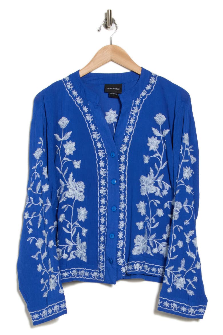 Floral Embroidered Long Sleeve Button-Up Top, Alternate, color, ROYAL/ WHITE