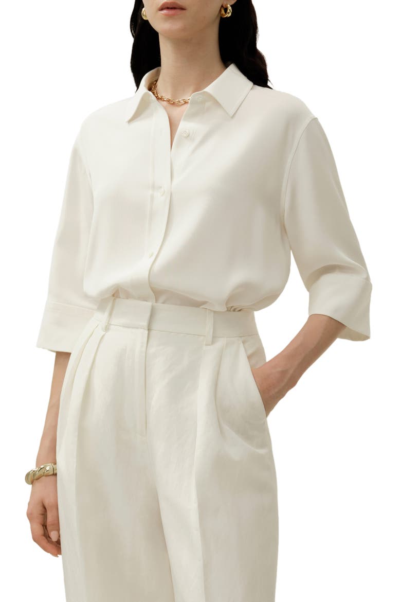 Women's Heavy Silk Crepe Relaxed Half-Sleeve Shirt, Main, color, Natural White