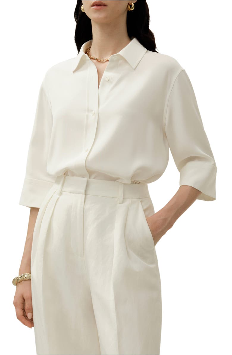 Lilysilk Heavy Silk Crepe Relaxed Half-Sleeve Shirt, Main, color, Natural White