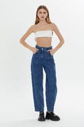 Gizia Back Print Pocket Stitch Detail High-Waist Jeans