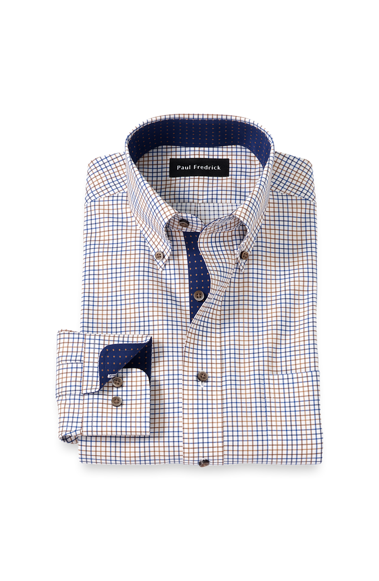 Paul Fredrick Tailored Fit Comfort Stretch Non-iron Tattersall Dress Shirt With Contrast Trim, Main, color, Navy/Tan