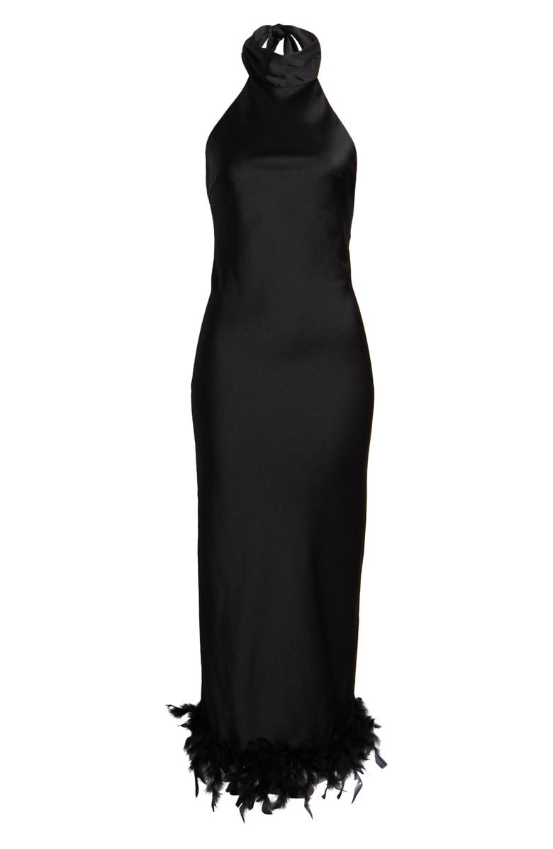 Rare London Feather Trim Halter Satin Cocktail Midi Dress, Alternate, color,