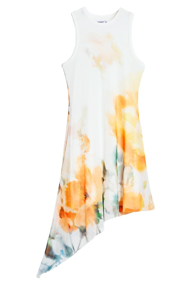Abstract Floral Asymmetric Hem Dress, Alternate, color, WHITE