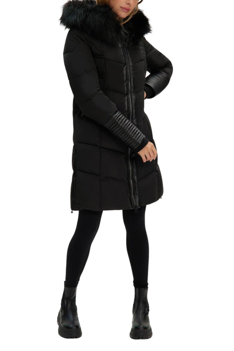 Priya Water Resistant Mixed Media Parka with Faux Fur Trim, Alternate, color, BLACK