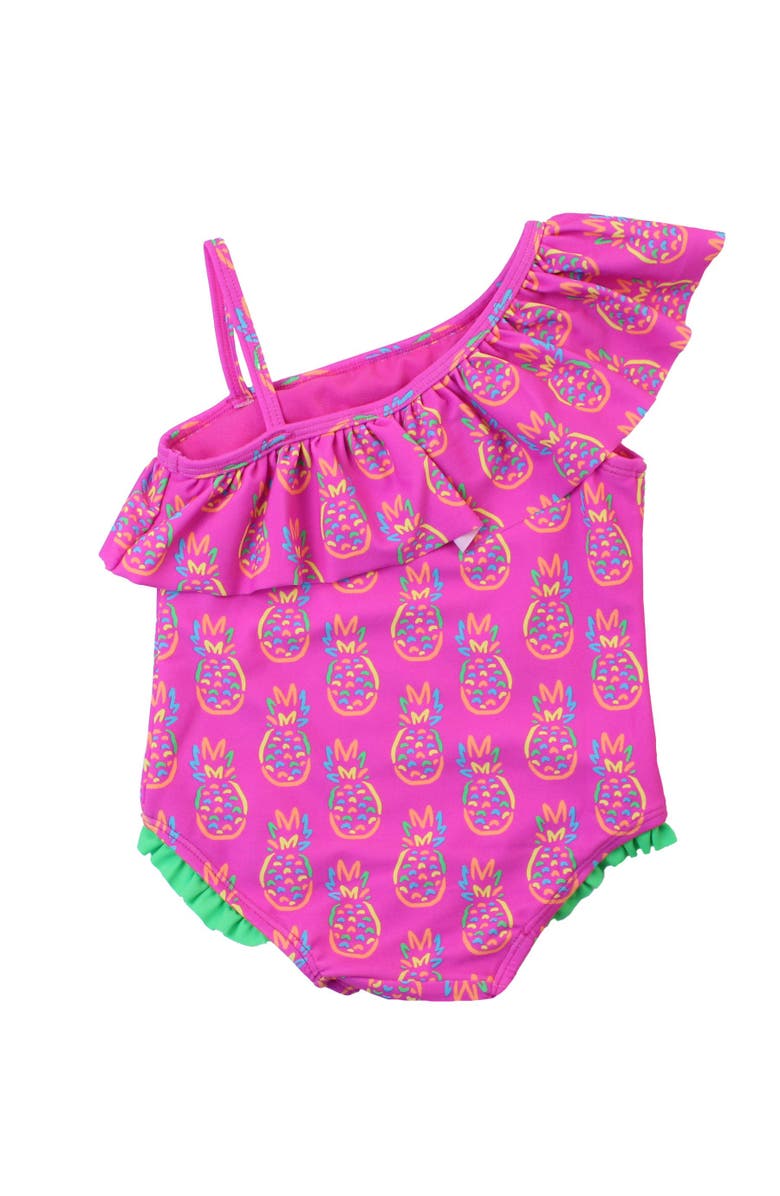 RuffleButts Girls UPF50+ Sun Protection One Shoulder Ruffle One Piece, Alternate, color, Neon Violet Pineapples