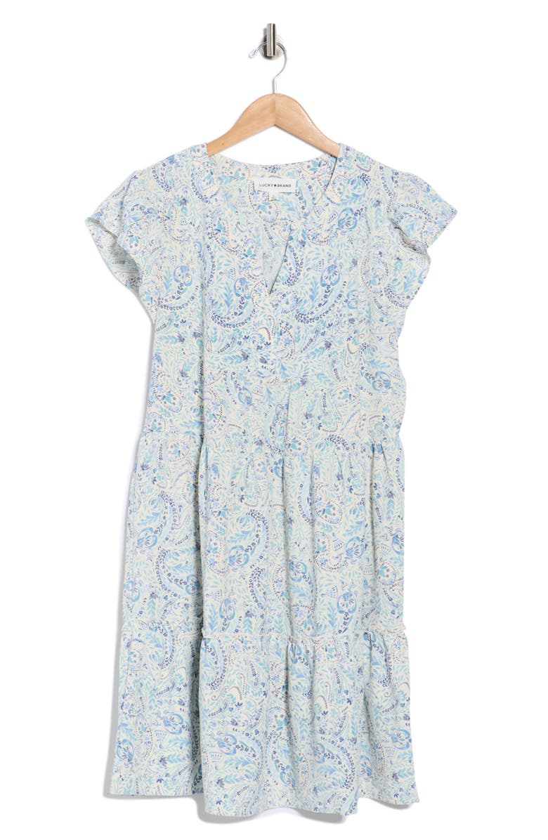 Lucky Brand Flutter Sleeve Tiered Minidress, Alternate, color, Cream Paisely