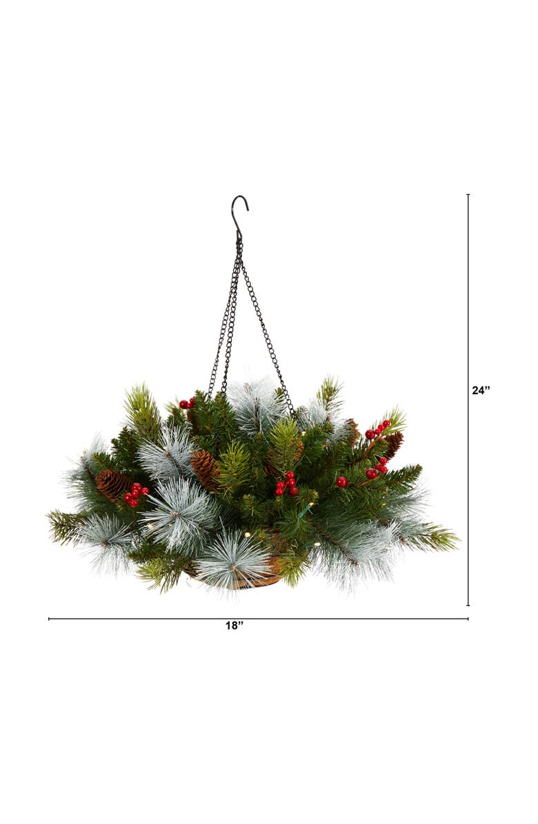 NEARLY NATURAL 24-in Holiday Pre-Lit (30 LED Lights) Pine and Berries Artificial Christmas Hanging Basket, Indoor Outdoor Patio Porch Decor, Alternate, color, Green