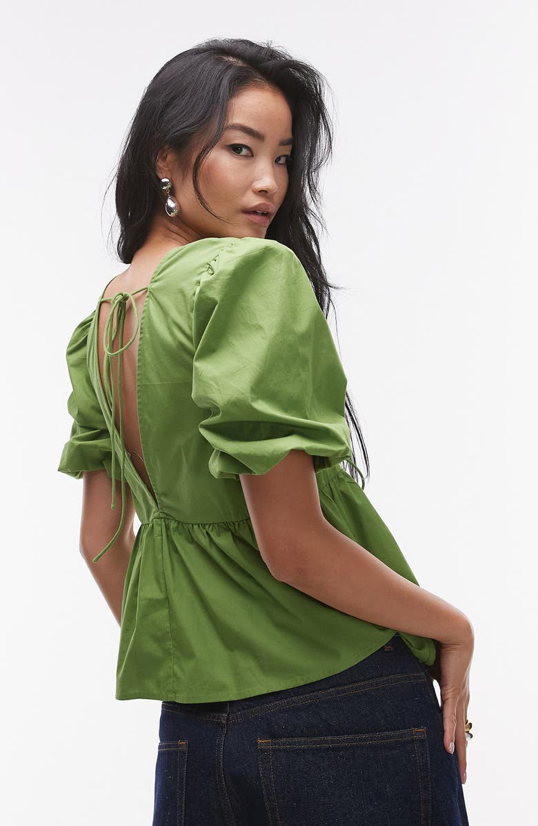 Topshop Poplin Puff Sleeve Top, Alternate, color, Medium Green