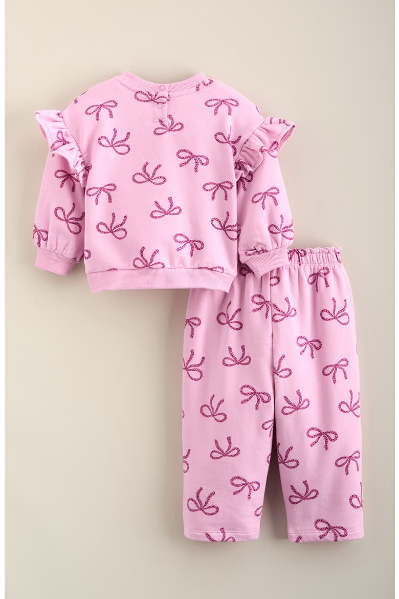 Print Ruffle Sweatshirt & Pants Set, Alternate, color, PINK LAVENDER LEOPARD BOWS