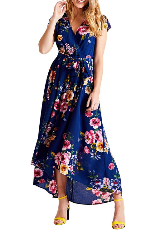 Yumi Floral Print Dipped Hem Wrap Midi Dress In Blue