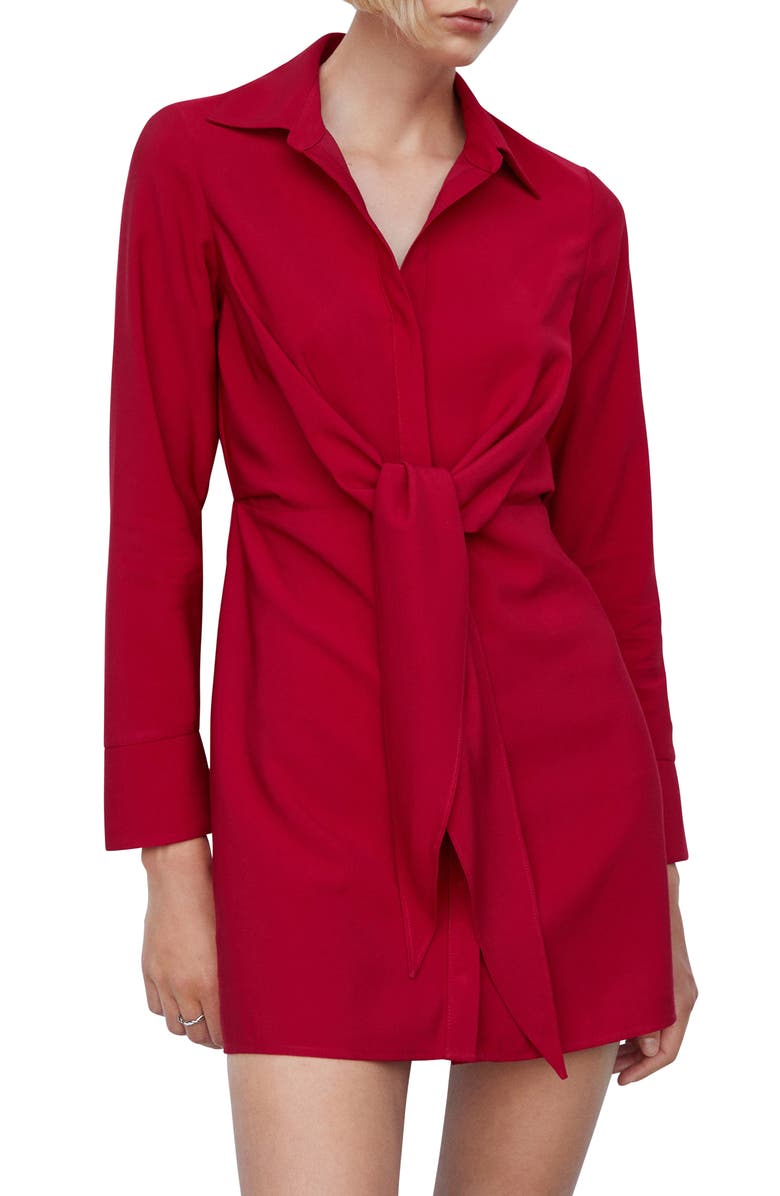 MANGO Knot Detail Long Sleeve Mini Shirtdress, Main, color, 