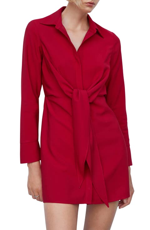 Knot Detail Long Sleeve Mini Shirtdress