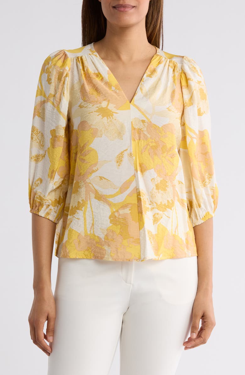 Renee C Floral V-Neck Three-Quarter Sleeve Top, Main, color, Yellow