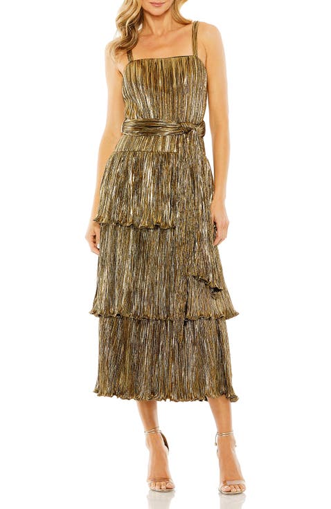 Square Neck Metallic Plissé Dress with Buckle Detail