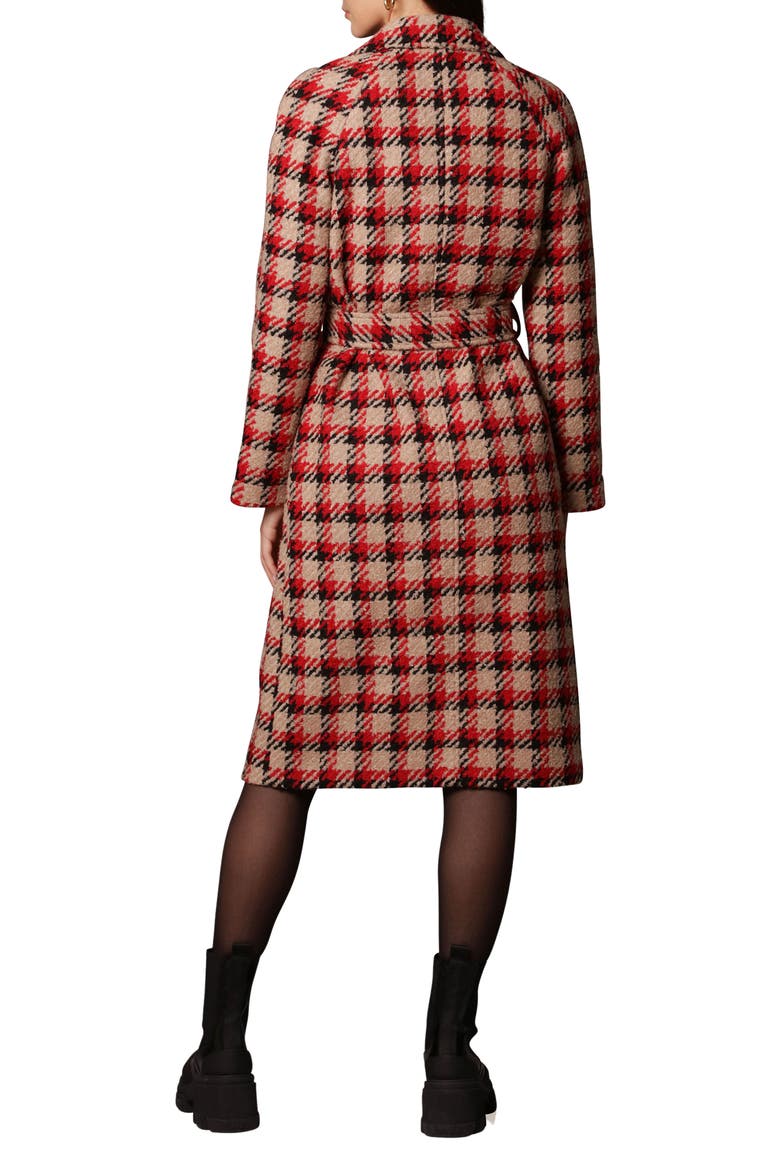 Belted Plaid Double Breasted Longline Coat, Alternate, color, CAMEL/ BLACK/ RED PLAID