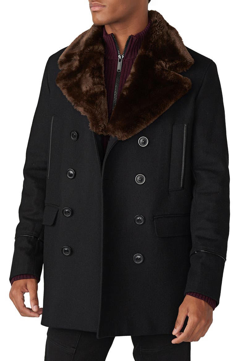 Wool Blend Peacoat with Faux Fur Collar, Main, color, BLACK/ BROWN