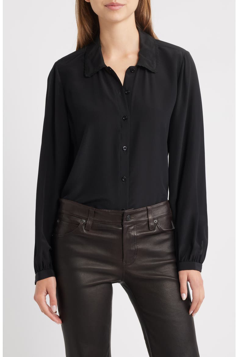 Prim Silk Button-Up Shirt, Main, color, BLACK