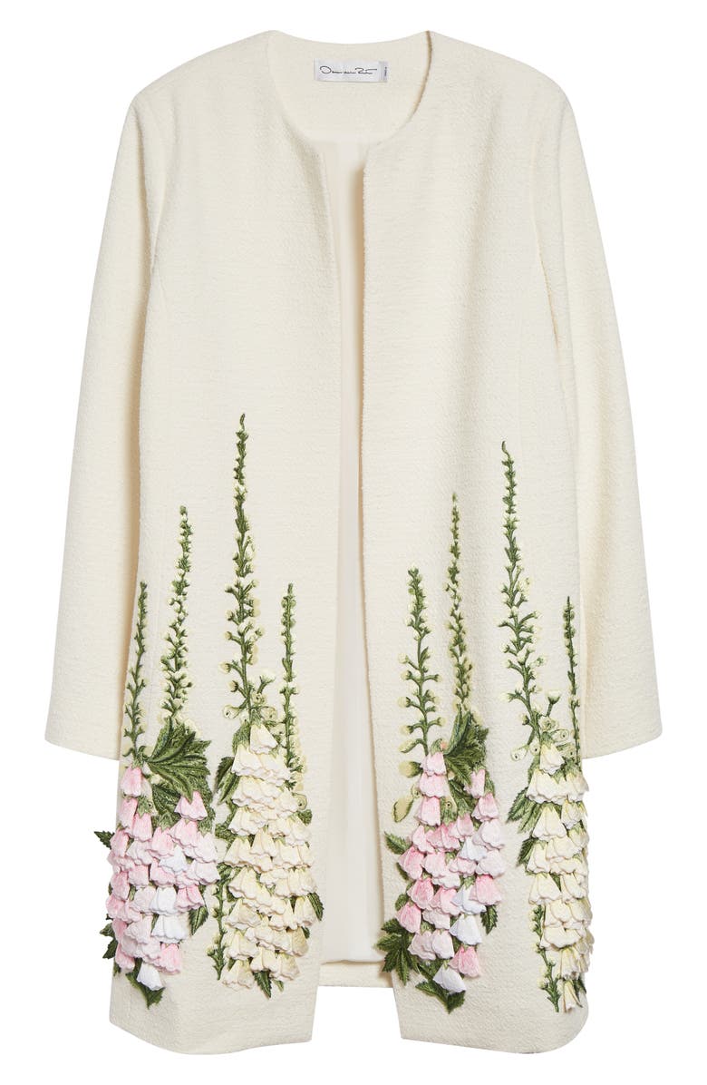 Oscar de la Renta Foxgloves Embroidered Cotton & Wool Blend Jacket, Main, color, Ivory