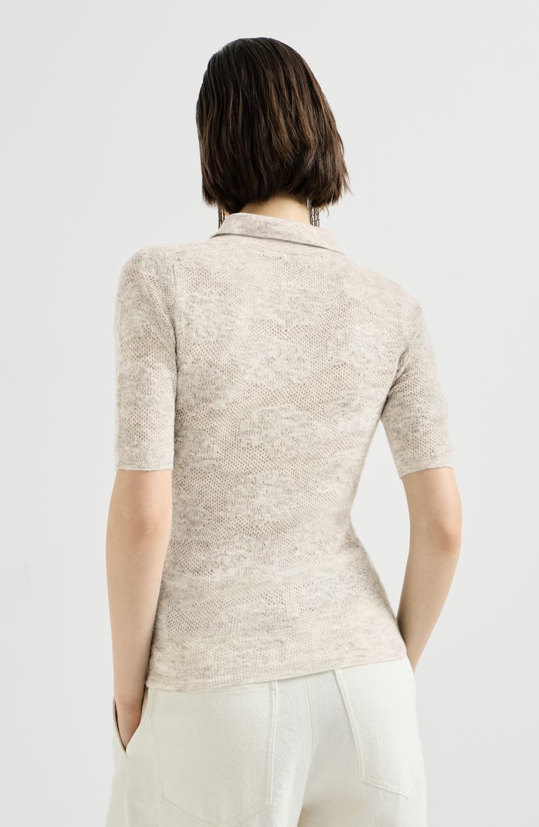 Brunello Cucinelli Silk, alpaca and wool flower lace knit polo, Alternate, color, Fog