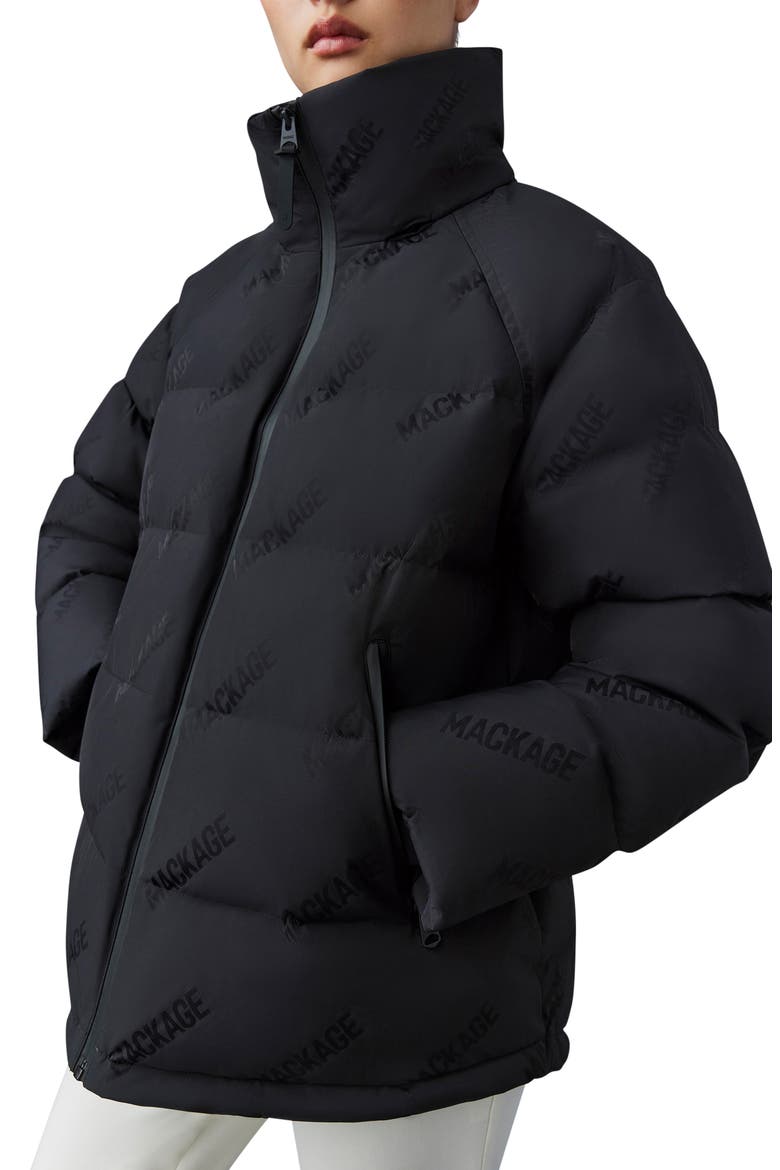 Edana City MG Logo Jacquard 800 Fill Power Down Puffer Coat with Removable Hood, Alternate, color, BLACK